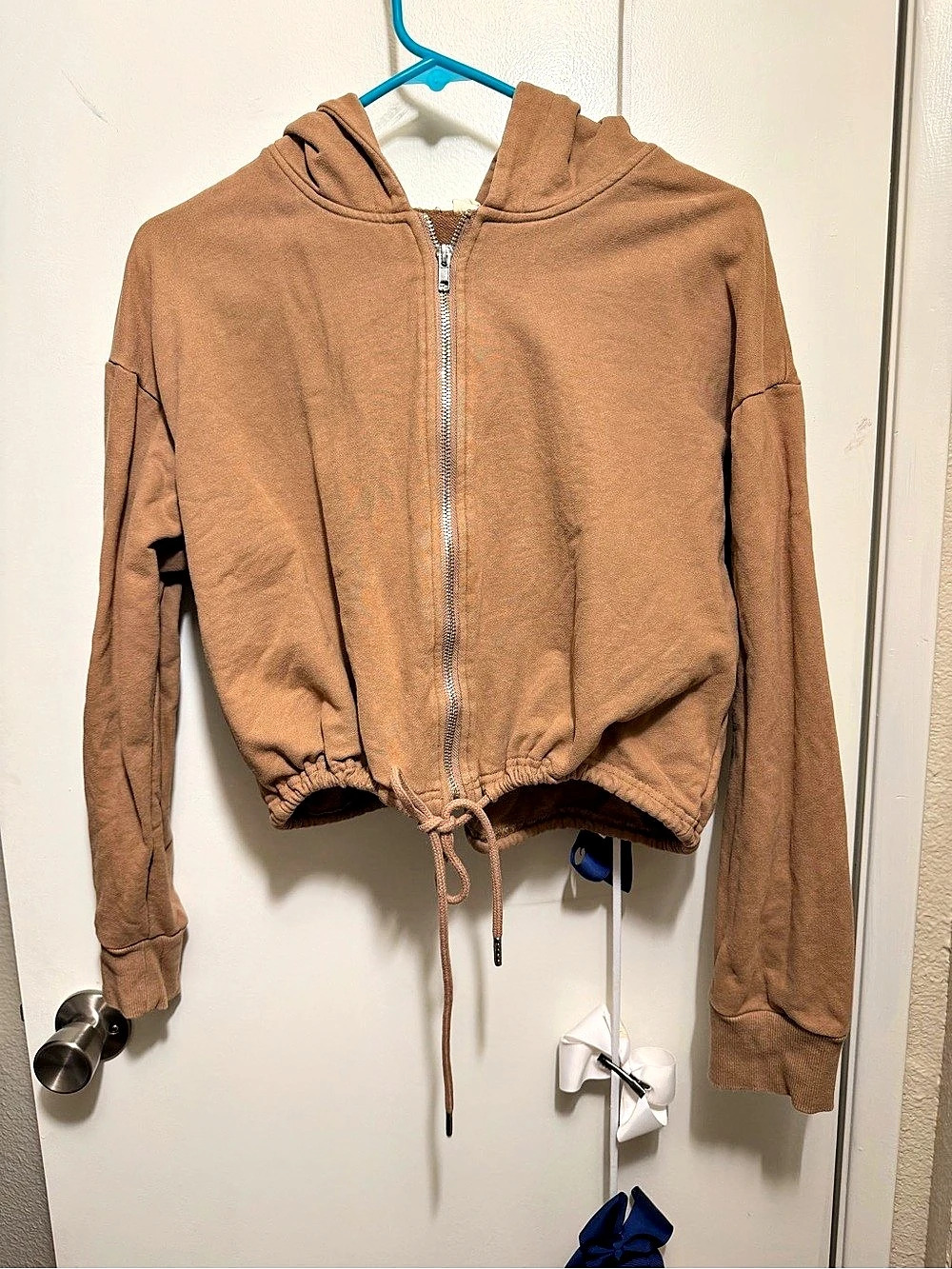 Drawstring Zip-through Hoodie Women's Brown Cropped Jacket
